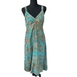 Nomadic Traders Turquoise Brown Tropical Leaf Batik Rayon Midi Sun Dress Small